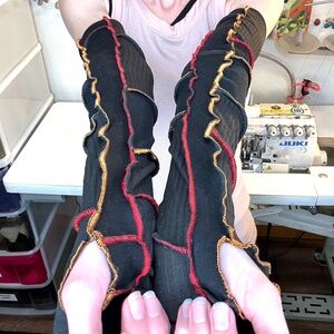 Mummy Bandage Fingerless Gloves Black Upcycled Arm Warmers Red Zombie Gothic Y2k